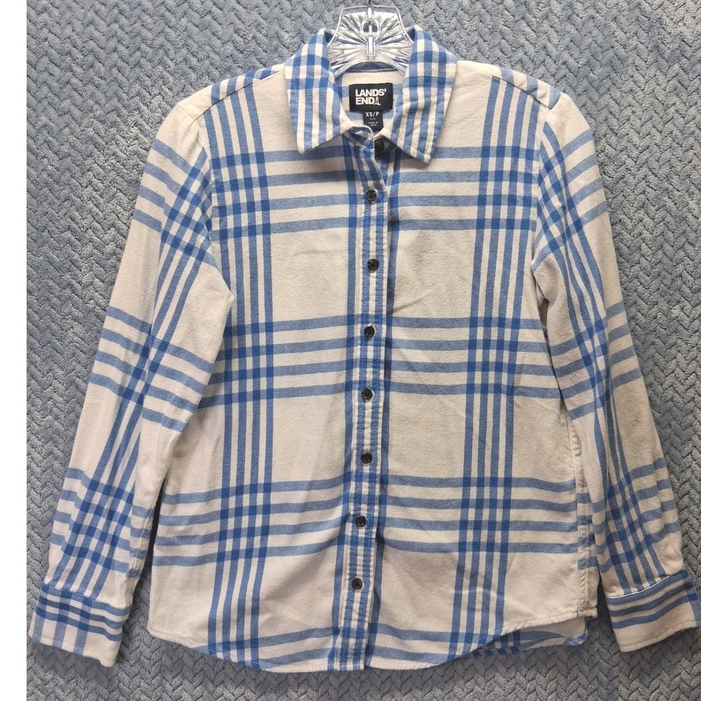 Lands End Womens XS Blue White Plaid Flannel Button Down Shirt Coastal Cotton